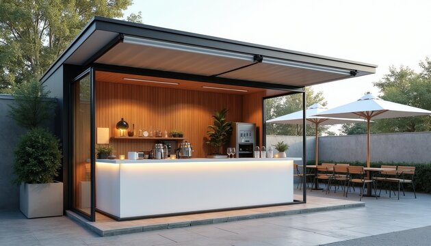 Modern outdoor cafe kiosk with bar counter and seating area under umbrellas. Minimalist design features wood paneling and contemporary furniture. Perfect for relaxation or quick coffee.