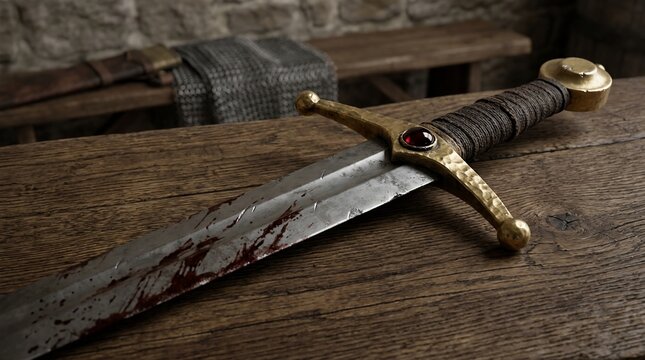 Bloody medieval sword on a wooden table