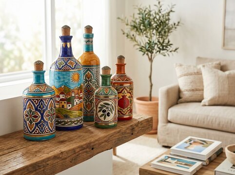 Decorative ceramic bottles with Mediterranean patterns on wooden shelf