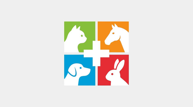 Colorful veterinary clinic logo with pet silhouettes and cross.