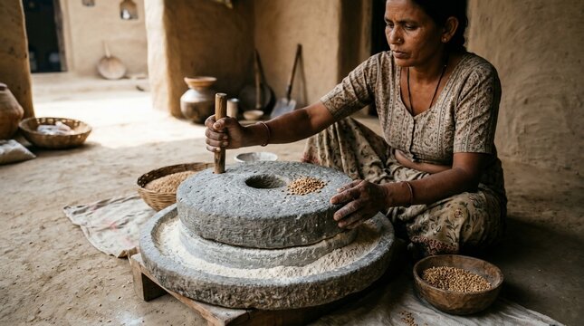 Indian woman grinding wheat with traditional stone mill