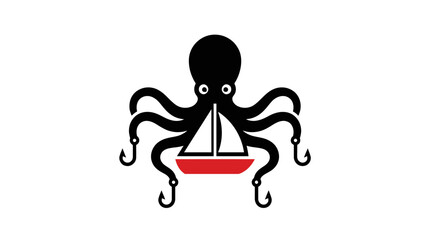 Creative octopus holding sailboat nautical logo design. © kaninss