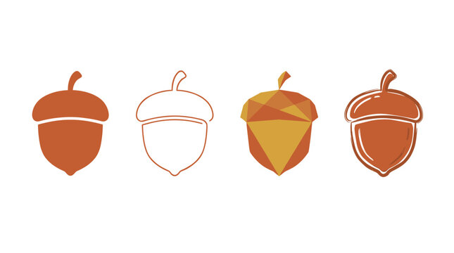 Collection of acorn icons in various styles and colors