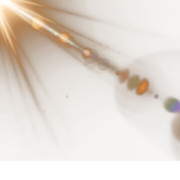 Golden lens flare light burst with bokeh on black background, sun ray overlay effect for design