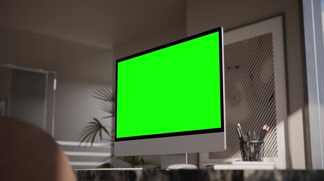 Computer Green Screen In Modern Executive High Office - Perspective View Wide Angle