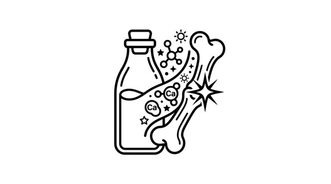 Dynamic Calcium Supplement Bottle with Sparkling Molecular and Hand Gesture with high quality professional line art symbols for modern creative design and digital branding projects