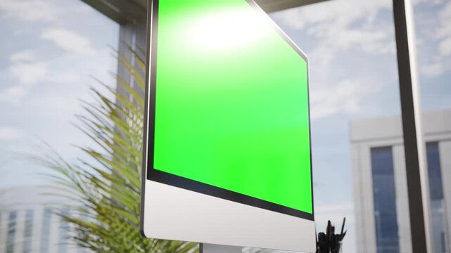 Computer Green Screen In Modern Executive High Office - Perspective View Close Up