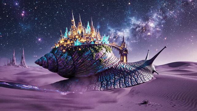 Surreal digital art of a giant snail carrying a glowing city on its shell across a desert under a starry sky.