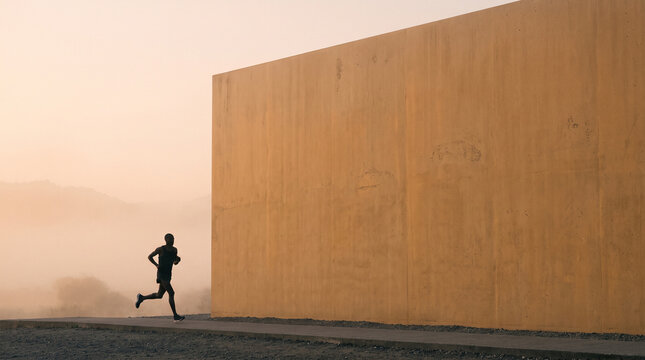 Runner Jogging Past Large Concrete Wall in Desert