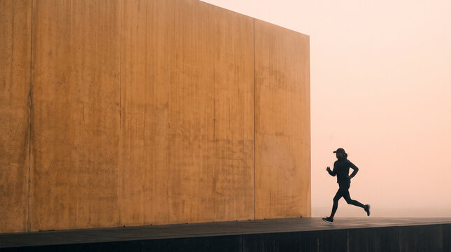 Runner Jogging Past Large Brown Wall at Sunset
