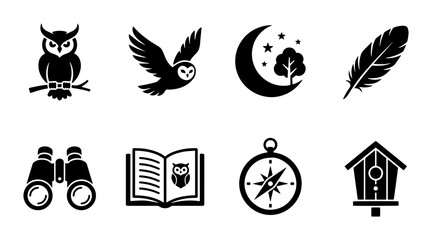 Night Owl Icons Set: Nocturnal Bird, Moon, Feather, Binoculars, Book, Compass, Birdhouse Vector Graphics for Wildlife and Nature Themes © Bepari