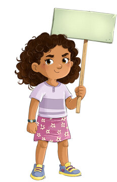 Ni&ntilde;a afroamericana con una pancarta en la mano, dibujo animado