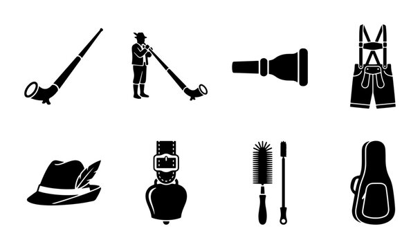 Alpine Culture Icons: Alphorn, Traditional Hat, Cowbell, Lederhosen, Musical Instruments, Swiss Heritage Symbols, Vector Set