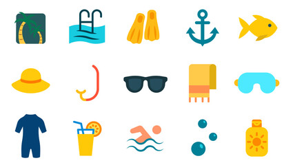 A set of colorful icons depicting summer beach activities. The Vacation and Swimming collection. © Alex Darts