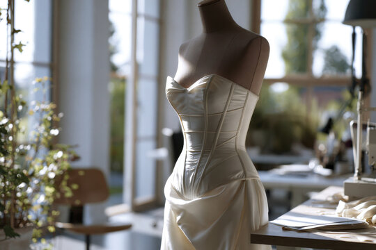 A breathtaking view of a corseted wedding gown, showcasing its elegant lines and sophisticated fabric in natural light, symbolizing romance and beauty for the modern bride.