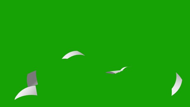 Flying White Paper Sheets Animation on Green Screen Chroma Key | Floating Office Documents Falling Overlay 3D Motion Background
