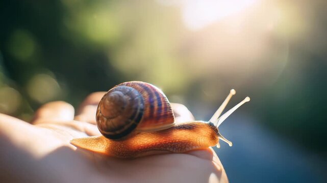 A snail with sunlight streaming on it as it moves upwards along the palm of a hand.
