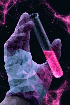 Hand in glove holds glowing pink liquid in test tube against abstract background