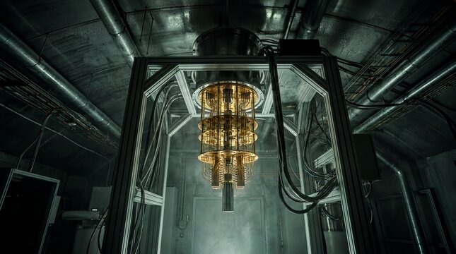 quantum computing setup, a quantum computer and dilution refrigerator under a gold chandelier, ambiently lit