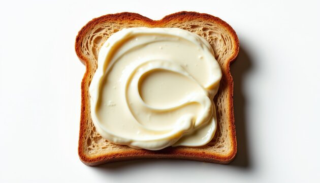 Slice of toasted bread with smooth creamy mayonnaise spread in a swirl pattern. Simple food preparation for a light meal or snack. Ready to eat sandwich base.