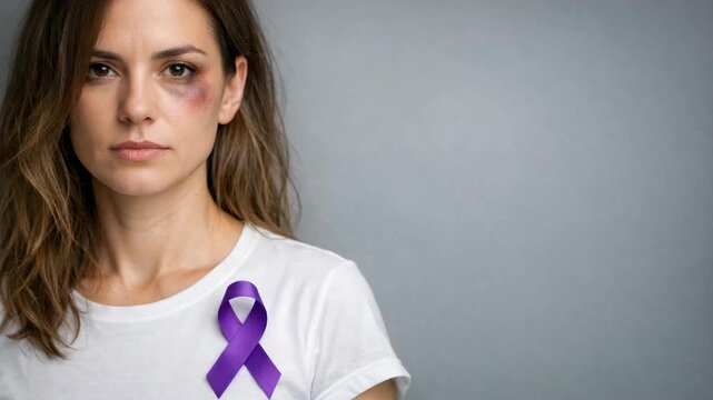 A woman with a purple ribbon on her shirt and an injury on her face looking away from the camera.
