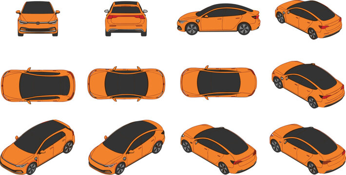 Orange Electric Sedan and Hatchback Car Vector Collection with Isometric and Flat Views for Architectural Renders, Blueprints, and Technical Interface Graphics
