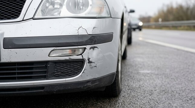 Close up detail of a crushed front bumper on a silver car. Damaged vehicle with cracks and scratches parked on the roadside after a traffic collision