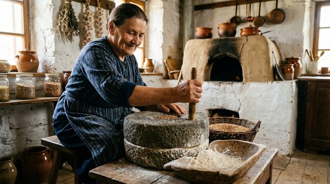 Elderly woman grinding grain with traditional stone mill
