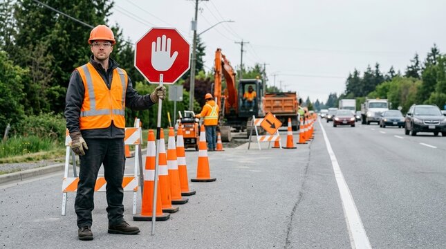Construction worker holding a stop sign to direct traffic at a roadwork site. Man in high visibility vest and hard hat standing near orange cones and heavy machinery