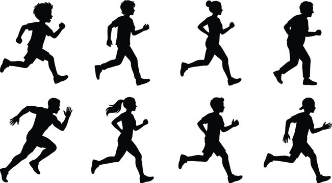 Children Running Silhouette Collection with Boys and Girls in Dynamic Athletic Poses