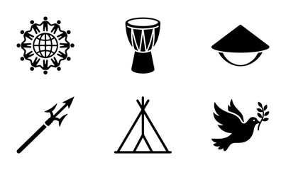 Cultural Icons Set: Global Unity, Traditional Drum, Asian Hat, Spear, Tent, Peace Dove Vector Graphics © Bepari