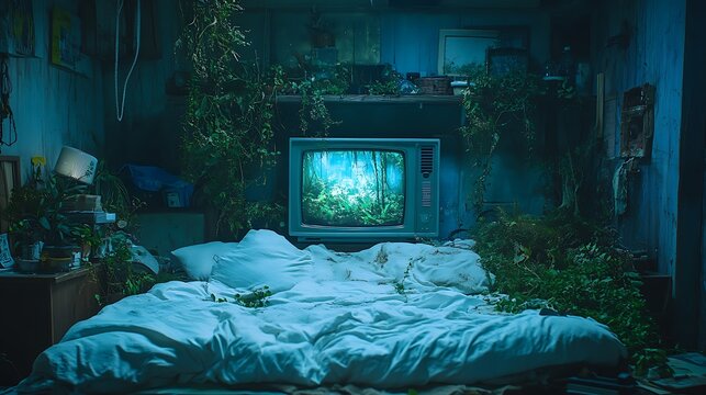 Vintage TV in overgrown room with nature scene on screen, and surreal interior design.