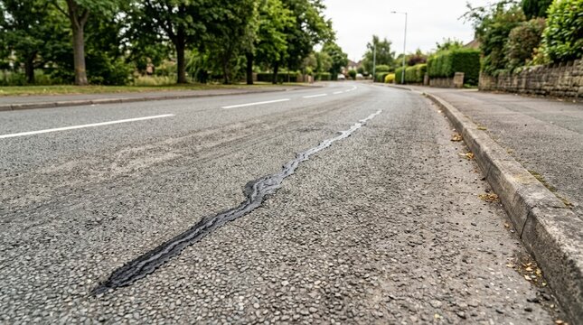 Asphalt road surface with long crack sealed with black tar. Street pavement repair and infrastructure maintenance in suburban neighborhood