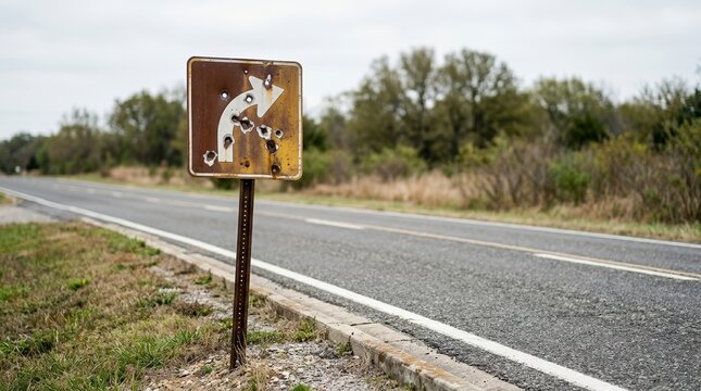Rusty road sign with white curved arrow riddled with bullet holes. Vandalized traffic direction symbol on rural asphalt highway