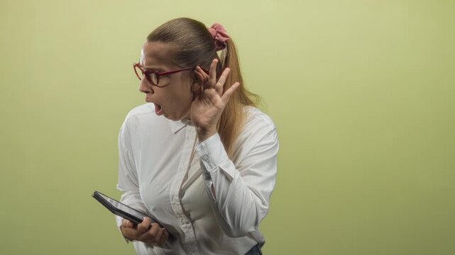 Woman with red glasses holding tablet cups hand to ear and leans forward in studio; curiosity alertness.