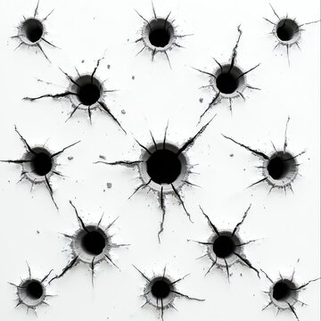 White surface with multiple impact holes and radiating cracks. Debris scattered around the damaged texture. Abstract pattern of destruction and penetration.