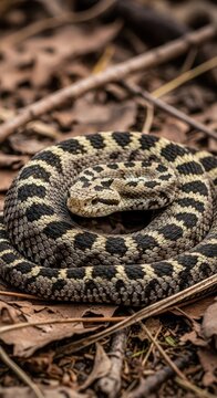 A dangerous venomous viper snake coils amongst dry leaves and twigs in its natural wilderness habitat, showing intricate scale patterns, tongue, head, earthy