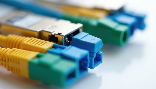 Multiple fiber optic transceivers connect with colorful cables. Network hardware enables fast data transfer. Technology for modern communication infrastructure.