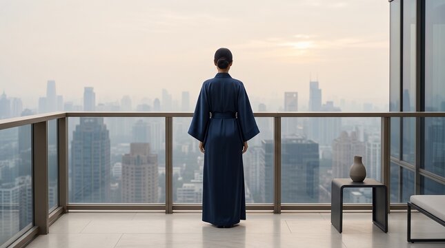Woman in Luxury High-Rise Apartment Overlooking City Skyline