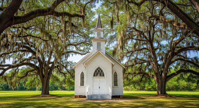 A historic white wooden chapel stands under ancient oak trees draped in moss featuring a tall steeple and classic double doors in a lush field, white, countryside, trees