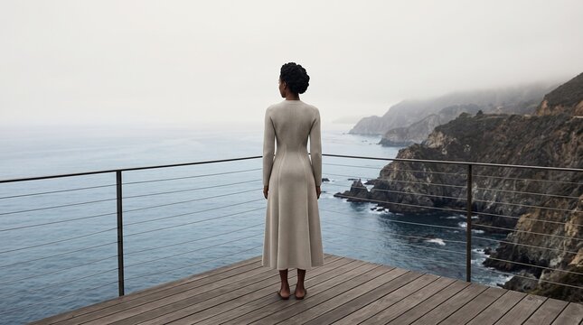 Woman Gazing at Coastal Cliffs from Modern Overlook Deck