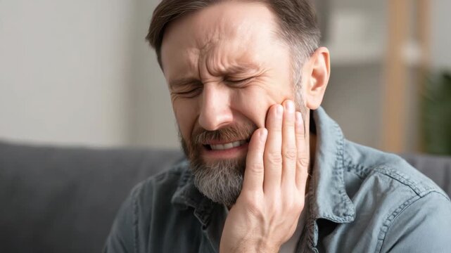 A man with a beard experiencing oral discomfort.