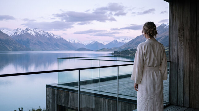 Woman in Luxury Resort Overlooking Alpine Lake and Mountains