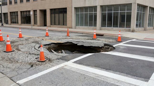 Large sinkhole in asphalt city street surrounded by traffic cones. Urban road damage hazard near pedestrian crosswalk