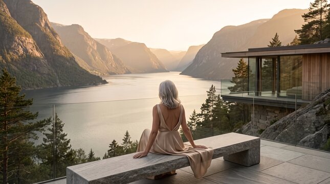 Woman Contemplating Scenic Mountain Lake View from Luxury Modern Home