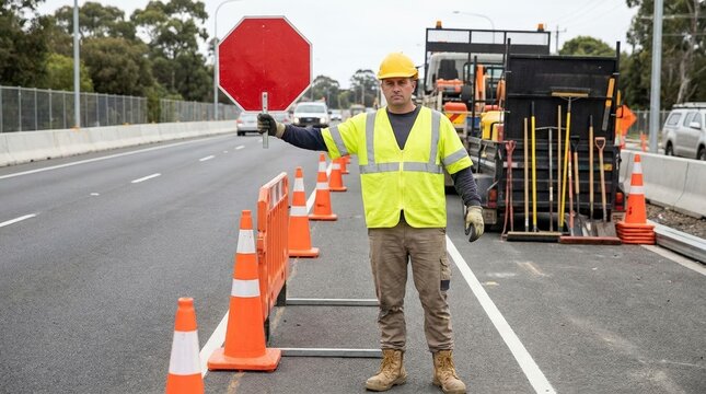 Construction worker holding a stop sign to control highway traffic. Male flagger in high-visibility safety gear standing by orange cones in a road work zone