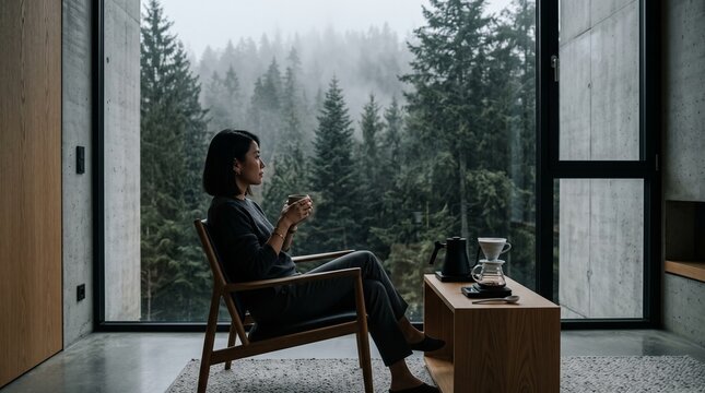 Woman Enjoying Coffee While Contemplating Forest View