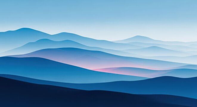 A serene landscape features rolling hills shrouded in a soft fog blue mist, creating a tranquil atmosphere with layered mountain peaks, sky, azure, scenic
