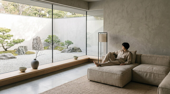 Man Relaxing on Sofa Viewing Zen Garden Through Floor-to-Ceiling Window