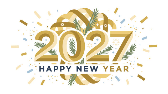 New Year 2027 Celebration: A festive graphic featuring the numbers 2027 artistically rendered with gold ribbons and pine sprigs.